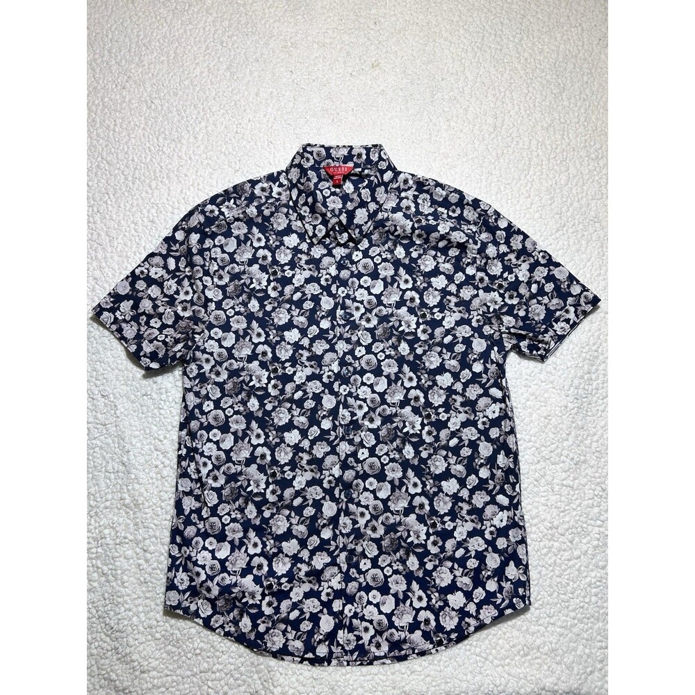 GUESS Men’s Short Sleeve Floral Button Up Shirt NWOT Monochrome Navy Black S